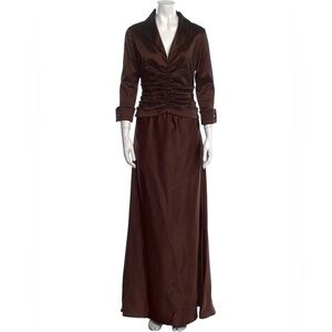 Tadashi Brown Evening Gown Maxi Dress Satin Long Sleeve Wedding MOTB 12 Party‎